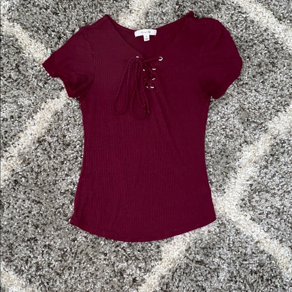 red ribbed lace up shirt - Picture 1 of 4